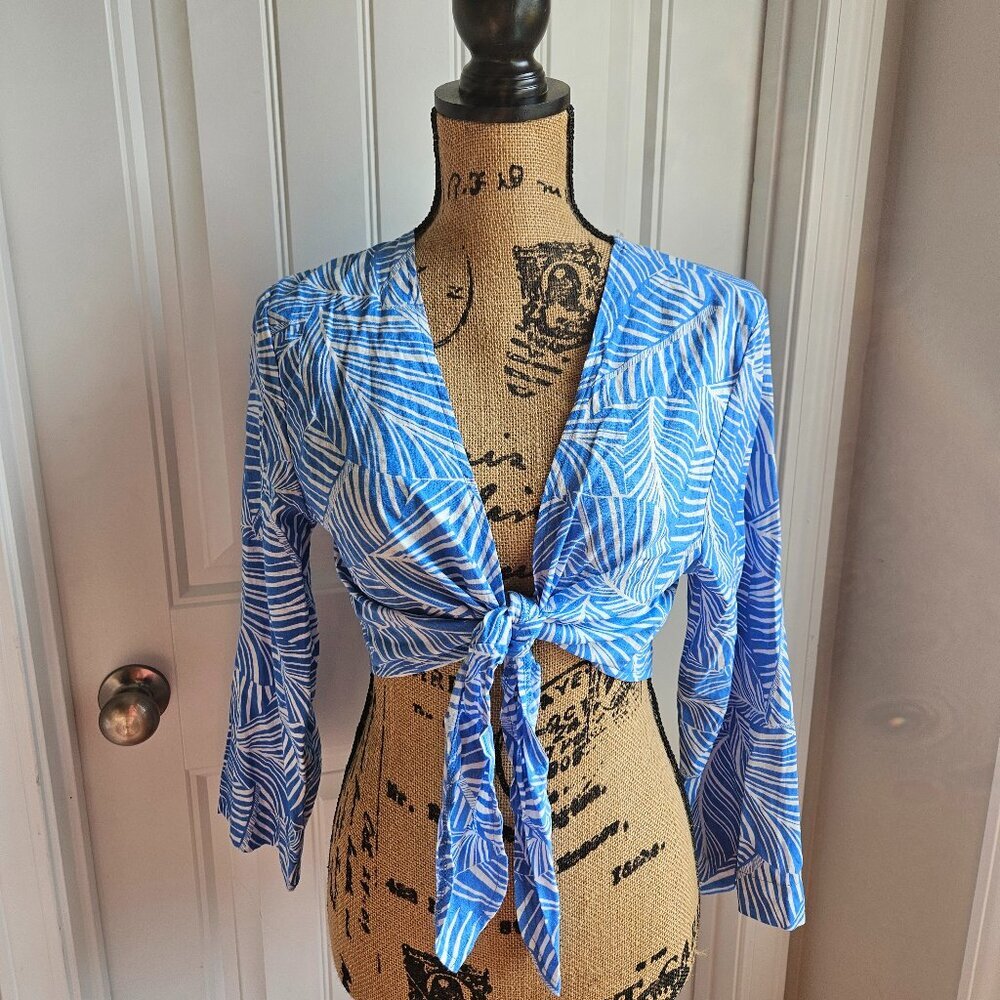 Shade & Shore Tropical Hawaiian Front Tie Linen Blend Cover Up Top Size Small